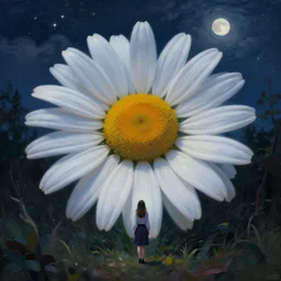 giant daisy flower head, girl standing in forest, surreal photography, dark night, stars, moon light, impressionist painting, clouds, digital painting, artstation, simon stalenhag