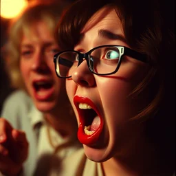 todd solondz going crazy in possession by andrzej zulawski, glasses, scared, screaming and crying, red lipstick, seventies film, cinemaic, dramatic, soft light