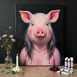 “ a portrait in an emo catgirl ’ s apartment, sensual, a pig theme, art supplies, paint tubes, ikebana, herbs, a candle dripping white wax, black walls, squashed berries, berry juice drips, acrylic and spray paint and oilstick on canvas, surrealism, neoexpressionism ”