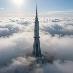 View from above the clouds. Megastructure tower arcology piercing through dense clouds into the sunny stratosphere.