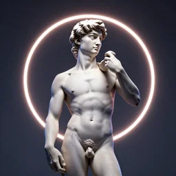 a 3 d render of a neon ring around the statue of david statue, in the style of michelangelo