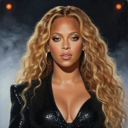 beautiful lifelike studio close - up painting of ( ( beyonce wearing black sparkling outfit ) ). dark beautifully lit stage with volumetric fog and orange flashing lights. perfectly shaded detailed cinematic face, very very intricate, trending on artstation, greg rutkowski, hyper detailed, 4 k, high quality, smooth, sharp focus
