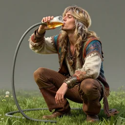 a hippie young man, blonde and silver hair, crouching, drinking beer from a long garden hose, colourful clothes, hyper realistic, extreme detail, grass, smooth, subtle shadows, fine details, octane render, stunning, intricate, elegant, highly detailed, digital portrait, artstation, smooth, sharp focus, raw, by greg rutkowski
