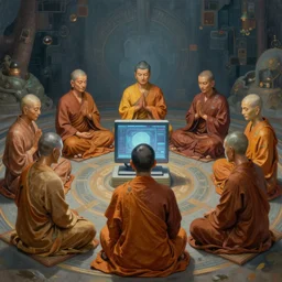 a painting of cyborg buddhist monks sitting in circle praying to a computer, matte painting, highly detailed, fantasy art