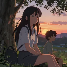 a beautiful girl with long dark hair, sitting in the park next to a young boy who has dark hair, sunset, evening, sharp focus, intricate, digital painting, artstation, official media, anime key visual, highly detailed, rich vivid colors, ambient lighting, illustration, art by Artgerm, Makoto Shinkai, Ilya Kuvshinov, Lois Van Baarle, and Rossdraws