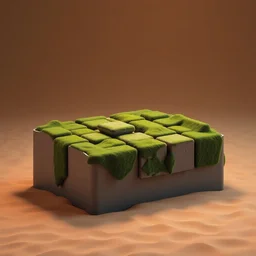 sculpture made of rectangle tetris, made of steel and moss, octane render, trending on artstation, on hard desert sand floor