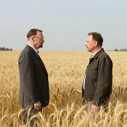 walter white and gustavo fring stand facing each other from a distance in a wheat field, long shot, side view, 3 5 mm photograph, 8 k resolution, wide shot, sharp lens