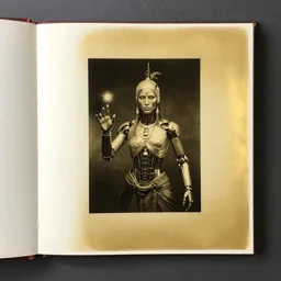 photography on albumin paper, toned with gold, bw photo of a cyberpunk cyborg shaman doing magic