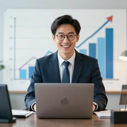 hyperrealistic illustration cinematic hyperrealism happy businessman behind him is a statistical graph of high profits