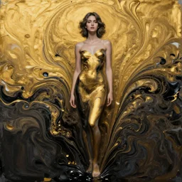 liquid marble acrylic fluid paint, portrait, golden and black liquid materials, abstract art, beautiful female model standing, semi realism, surreal