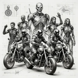 motorbikers cyborgs, horror art by beksinski and szukalski and giger and and pyromallis and dzo and iris compiet and seb mckinnon and, technical drawing, blueprint, highly detailed, intricate, sharp focus, trending on artstation hq, deviantart, unreal engine 5, 4 k uhd image