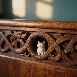 scanstation 3 5 mm closeup of wood carving norse style knots and midgaar wyrm in walnut church bench, hidden waving smiling cat easteregg, film still, 8 k, bokeh, sunset, water caustics