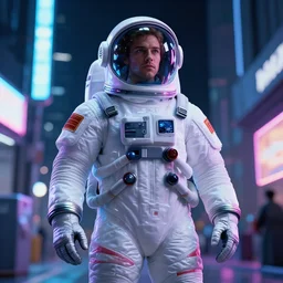 richard tracy dressed like a space traveler in neo tokyo, night, glowing lights, neon lights, vintage signage, cyberpunk, concept art, promotional design, highly detailed, 8 k, by yoichi kotabe
