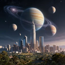 skyline with multiple planets and galaxies, landscape, highly detailed, 4k, HDR, award-winning, artstation, octane render