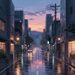 beautiful anime scenery, city street at dusk, rainy day