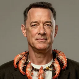 Tom hanks as forrest gump wearing a necklace of shrimps around the neck, realistic face, digital art, in the style of Raphael Lacoste, amazing detail, artstation