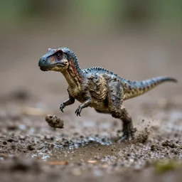 macro photo by national geographic of a tiny muddy dinosaur running very fast in the mud, rainy day, motion blur, tiny gaussian blur, insanely detailed, insanely intricate, depth of field, low contrast, summer, wide aperture, action photography
