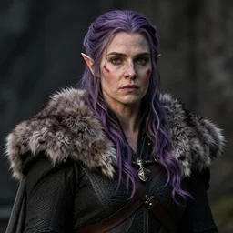 yennefer from the netflix witcher as a medieval fantasy tolkien elf, dark purplish hair tucked behind ears, wearing a fur lined collar, wide face, muscular build, scar across the nose, cinematic, real life, character art, 8 k detailed.