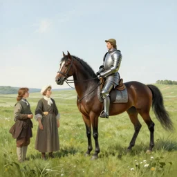landscape of meadow with horse with metal armor by gaston bussiere, anna nikonova aka newmilky, greg rutkowski, yoji shinkawa, yoshitaka amano, tsutomu niehi, moebius, donato giancola, geoffroy thoorens, concept art, trending on artstation, featured on pixiv, cinematic composition, 8 k