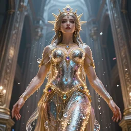 a beautiful female human god of buildings character, character is in all its glory, character is centered on the image, character is covered in liquid, rim lights, highly detailed professional photo, dynamic lights, particles and crystals are flying, very deep depth of field, trending on artstation, illustration, hyper realistic, vray caustics, super detailed, colorful accents, cinematic shot