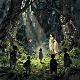 a wholesome animation key shot of dark shadows, moss, nausicaa, dark roots, machine gods, studio ghibli, pixar and disney animation, sharp, disney concept art watercolor illustration by mandy jurgens and alphonse mucha and alena aenami, dark pastel color palette, darkness, foreboding