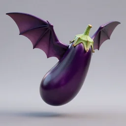 an eggplant with bat wings, unreal engine, high detail, flying eggplant