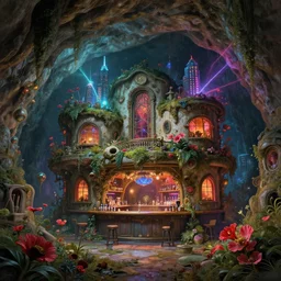a beautiful very detailed render of cave house urbex by frederick mccubbin, otherworldly elysian san andreas poppy vice city azeroth futuristic flowers liberty city laser magic realism nature apocalyptic neon noir cosmic scumm bar, archdaily, wallpaper, highly detailed, trending on artstation.