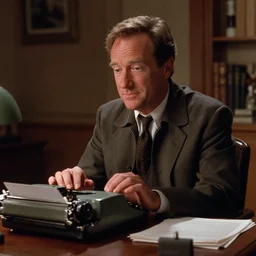 Robin Williams as Jack Torrance sitting at desk using typewriter in The Shining 1980
