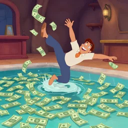 a pool full of money in a bank caveau, man jump inside the pool, in the style of disney