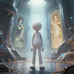a stickman figure, portal to a futuristic scifi world, extremely detailed, sharp focus, wide view, full body shot, smooth, digital illustration, by, james jean, by rossdraws, frank franzzeta, sakimichan, mcbess, aphonse mucha