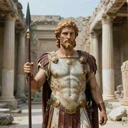portrait of Achilles holding a spear, standing in ruins, fallen columns, highly detailed face, tom chambers photography