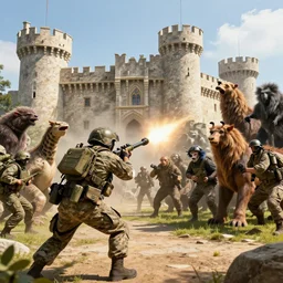 the us military attacking a castle owned by a group of huge animals, dramatic angle, photorealistic, 1 4 k hd quality, highly detailed, vibrant, more coherent, super high quality, hyper realistic