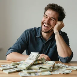 man laughing while sitting next to a piles of money on a table, photo