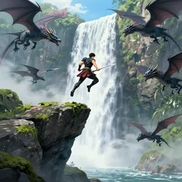 man with sword jump of the cliff in front of the waterfall, dragons flying around, anime, realistic shot, nature, animal planet, superhero