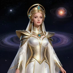 space art portrait of the powerful empress of the solar system in the style of charlie bowater and in the style of donato giancola. glowing, ornate and intricate linework, sharp focus, depth of field, stunning, dynamic lighting, ultrafine and hyperdetailed.