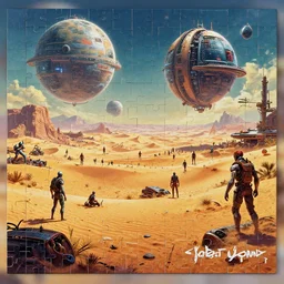 cyberpunk apocalyptic desert scenery with humanoids in a futuristic planet as a 1 0 0 0 0 pieces puzzle, hypermaximalistic, high details, cinematic, 8 k resolution, beautiful detailed, insanely intricate details, artstation trending, octane render, unreal engine