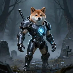 stalker exoskeleton armor, anthropomorphic shiba inu, holding glowing stalker artefact, stuning 3 d render, masterpiece, glowing black aura, foggy dark graveyard, by donato giancola and greg rutkowski and wayne barlow and zdzisław beksinski, realistic face