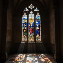 photo, sunlight shining through a beautiful stained glass window in a dark hallway, with ray showing on the floor, intricate details, extremely high quality, moody lighting, real camera, real caustics, real photo,, 8 k, full subject in shot