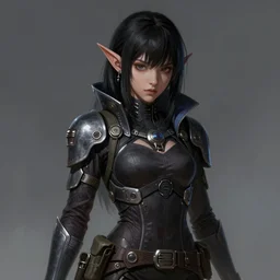 portrait of a female dark elf by ayami kojima, she is about 2 0 years old, american, black hair, introvert, she is wearing a modern witch tactical gear, scifi, highly detailed portrait, digital painting, artstation, concept art, smooth, sharp foccus ilustration, artstation hq