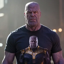 portrait of thanos wearing a tshirt with josh brolin print on it, backlight, bokeh, mcu movie shot
