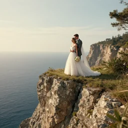 breath - taking photo of a married couple on a cliff, realistic, 8 k, extremely detailed, cgi, trending on artstation, hyper - realistic render, 4 k hd wallpaper, premium prints available, octane render, award winning, by greg rutkowski