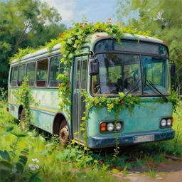 abandoned bus reclaimed by nature, overgrowth, vines, flowers, digital painting, vivid colors, high detailed, painting by lee madgwick