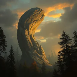 a tall rock structure in the shape of a cyclone, background of trees, dramatic evening lighting, concept art by peter mohrbacher and ruan jia