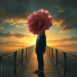 giant carnation flower head, girl in a suit, on a bridge, surreal photography, sunrise, dramatic light, impressionist painting, digital painting, artstation, simon stalenhag