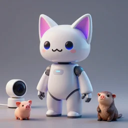 product photo of a futuristic happy surprised robot pet, asymmetric minimalistic kindchenschema, by artgerm and greg rutkowski and marc newson and zaha hadid, alphonse mucha, samsung apple webcam, sleek matte glossy materials, neon, kitten puppy pig otter inspired inspired. three quarter view, volumetric light, detailed, octane render, midsommar
