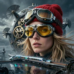 detailed face of a woman, clockwork, moment, tectonic sky, skydome, bullet train, turbines, utopian, tech noir, wet reflections, prism, atmospheric, ambient, pj crook, syd mead, livia prima, artgerm, greg rutkowski, nick alm, casey baugh, long blonde hair, gold tinted pilot goggles, red knitted hat, windswept