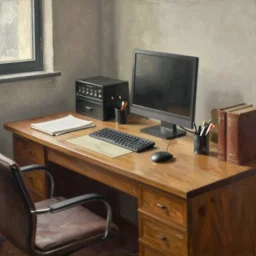 painting of work table at a 20 century office, by Peder Krøyer, dramatic lighting, volumetric lighting, golden hour, epic, intricate detail, canvas print