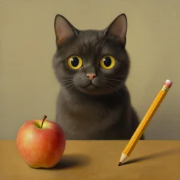 cat, apple, pencil. painting by rene magritte.