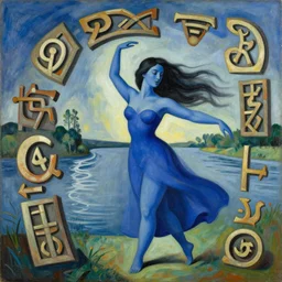 blue woman dances past the ancient symbols as the wind howls all around and the river rises, abstract surrealistic art in the style of cubism and georgia o keefe