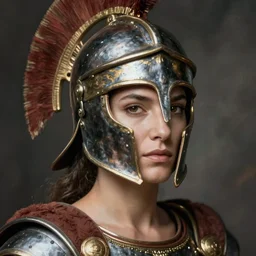 close - up portrait of female roman gladiator with helmet and armor, art by mario testino